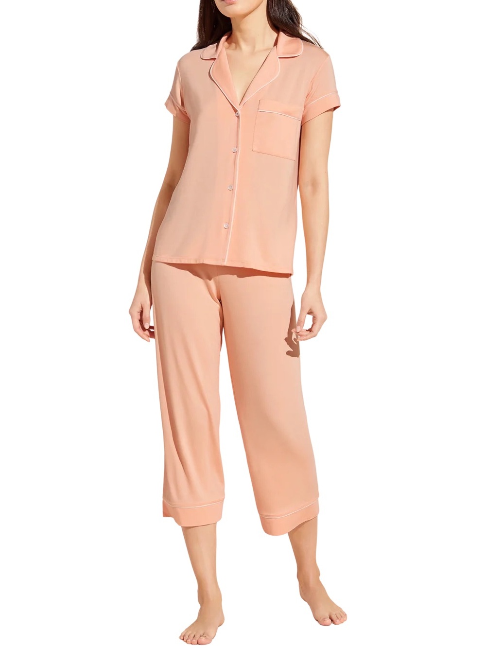 Eberjey Gisele Peach & White Short Sleeve Crop Pajama Top & Pants Set Sz S 🧡🍄